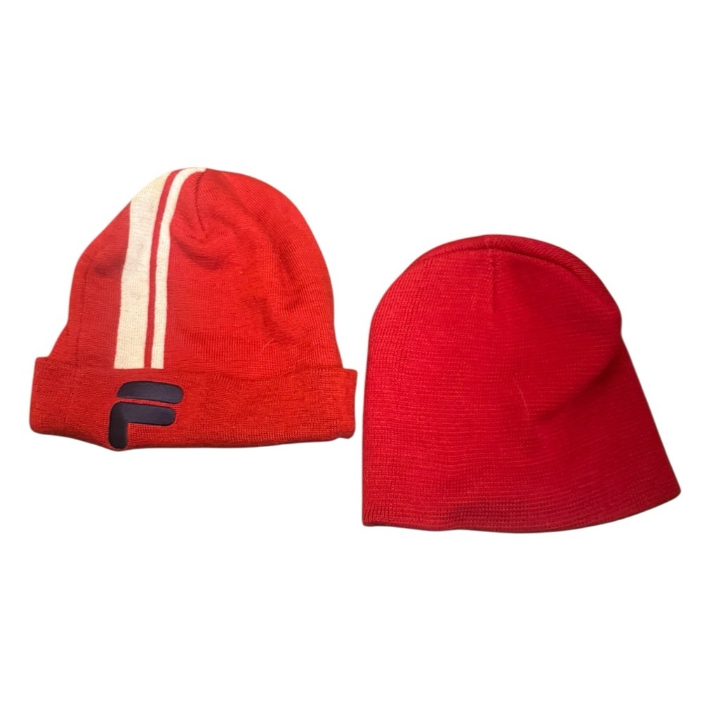 2 FILA & MIX IT Bundle 2 Red Knit Soft Beanie Caps Hats One Size Outdoors EUC